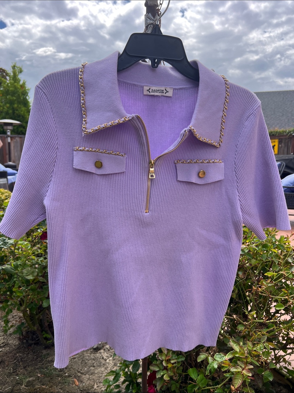 Nanette Lepore Lavender Ribbed Polo Top with Gold Trim